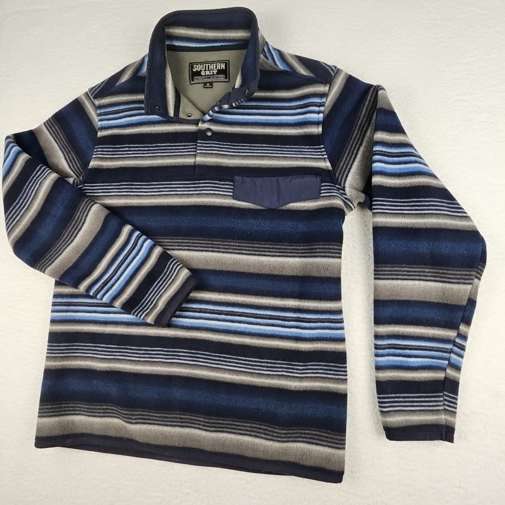Southern‎ Grit Pullover Shirt Mens Small Unisex Fleece Snap Jacket Blue Striped